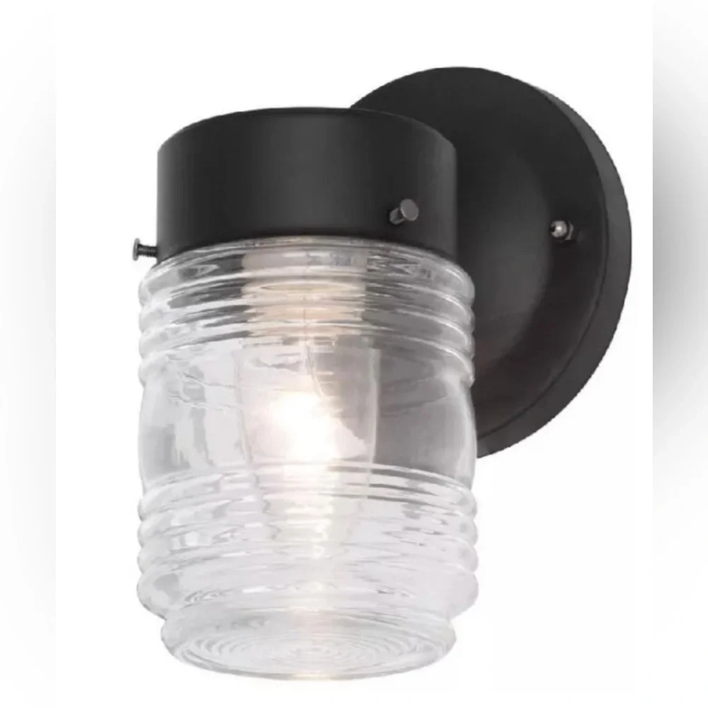Hampton Bay 7.2 in. 1-Light Matte Black Jelly Jar Outdoor Wall Lantern Sconce